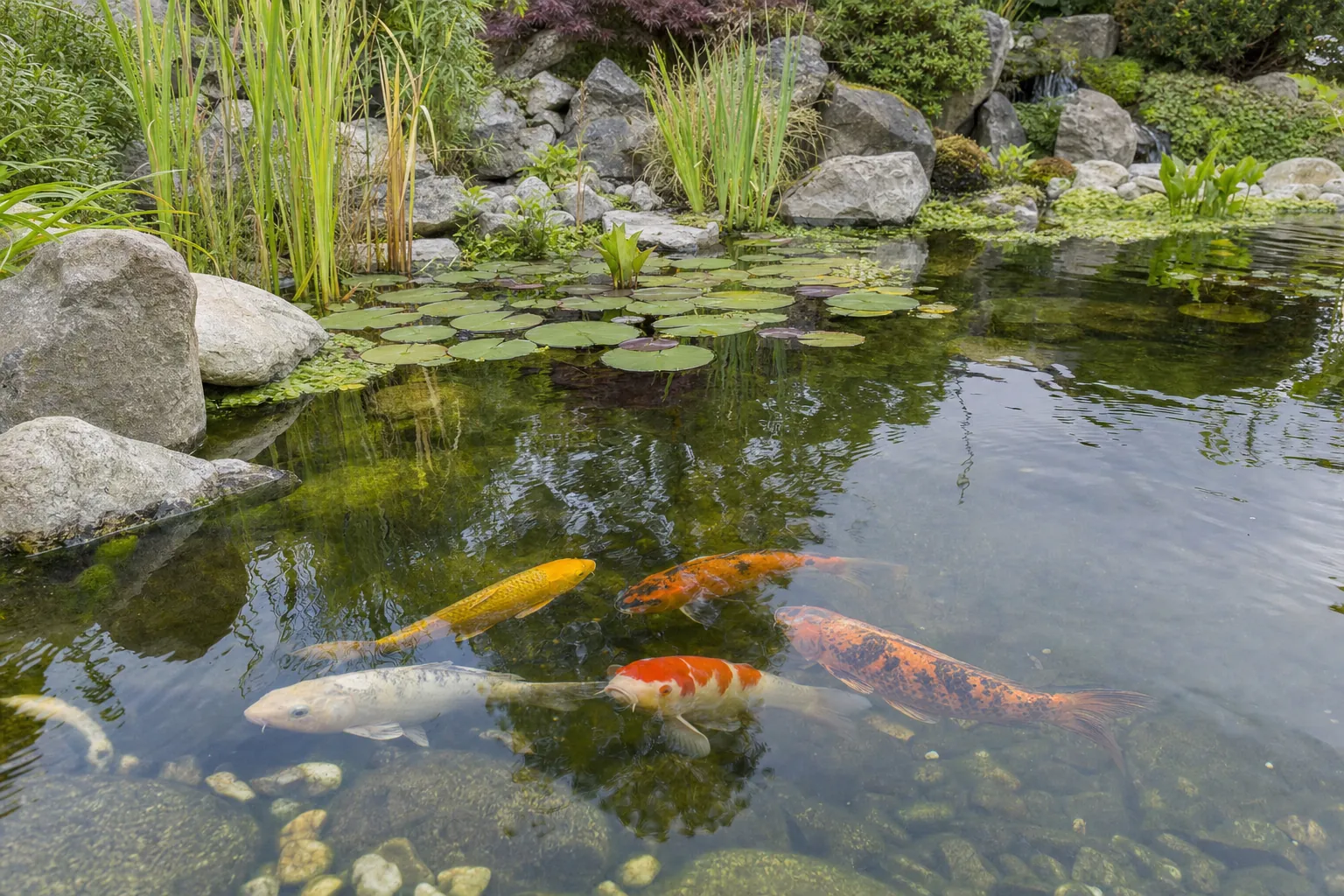 Mehrere Teichfische in klarem Wasser eines bepflanzten Gartenteichs (computergeneriertes Symbolbild)