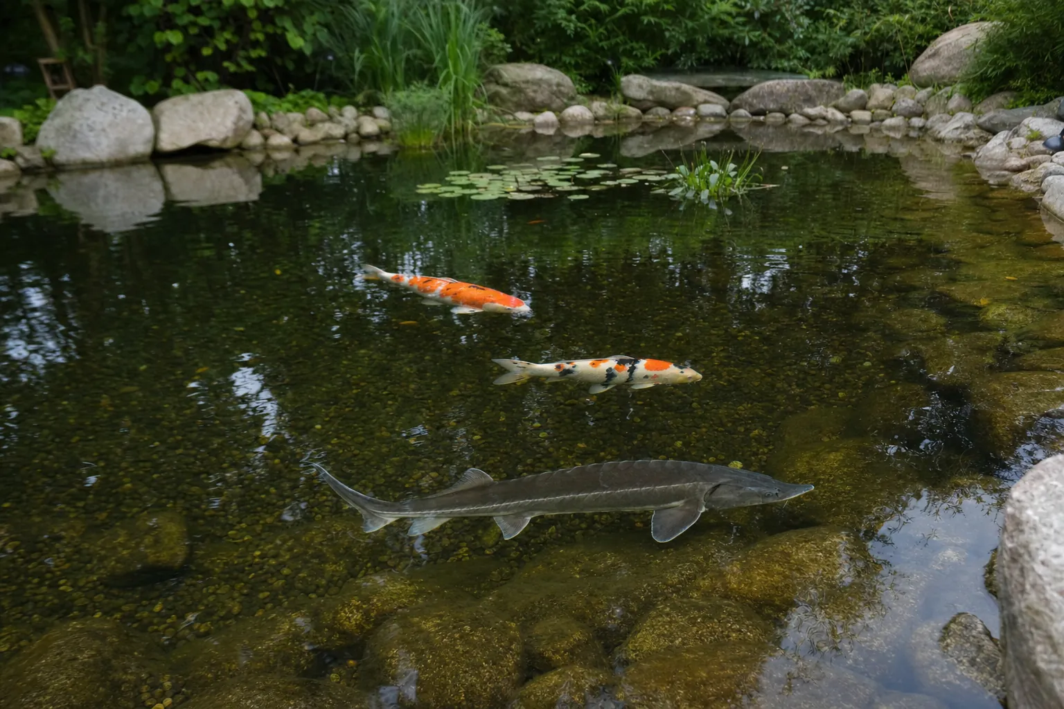 Koi im freien Wasser und ein Stör am Grund desselben Gartenteichs (computergeneriertes Symbolbild)
