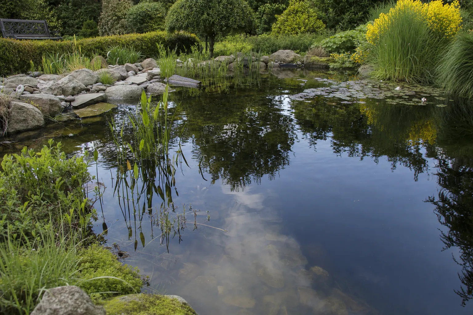 Gartenteich mit flacher Uferzone und tieferem Becken in der Mitte (computergeneriertes Symbolbild)