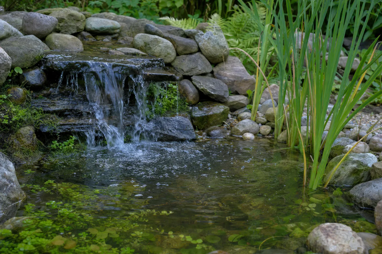 Bewegtes Wasser an einem bepflanzten Gartenteich mit Steinrand als Teil guter Teichbedingungen (computergeneriertes Symbolbild)