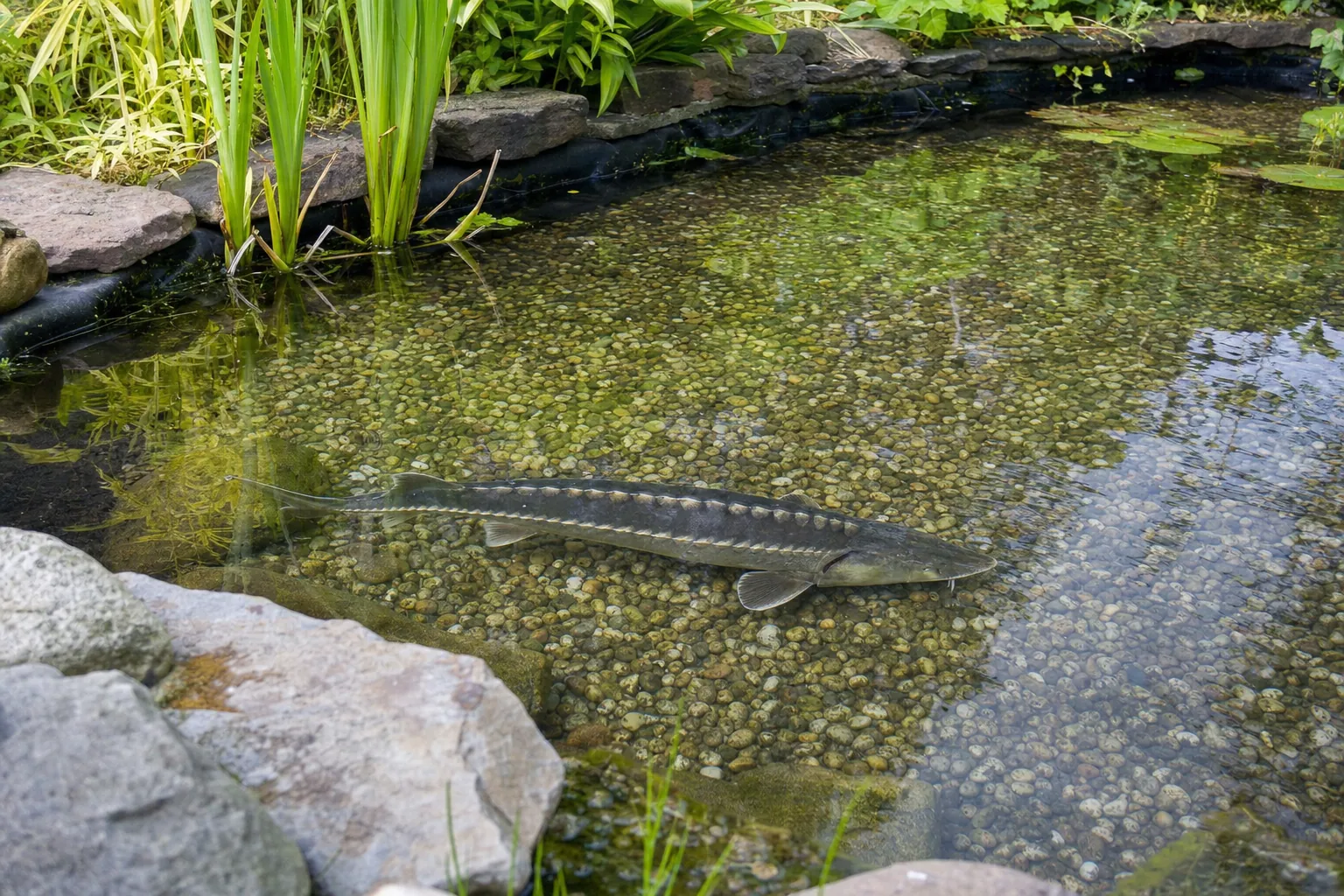 Stör zieht dicht über den Kiesgrund eines Gartenteichs (computergeneriertes Symbolbild)