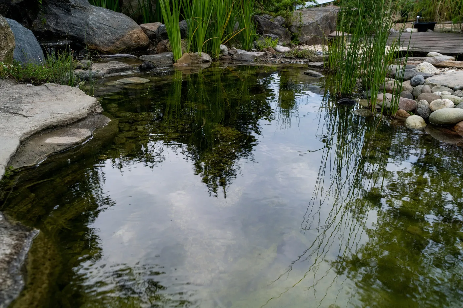 Gartenteich mit Steinrand und Wasserpflanzen bei Tageslicht (computergeneriertes Symbolbild)