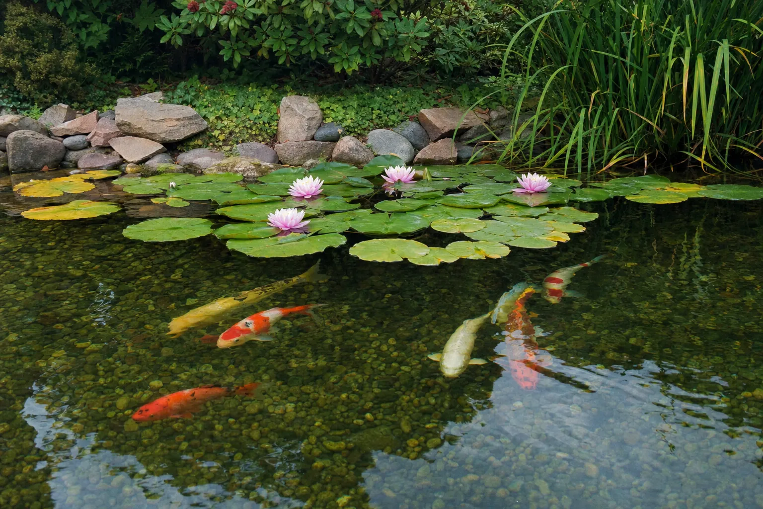 Bepflanzter Gartenteich mit Natursteinrand und mehreren Teichfischen im klaren Flachwasser (computergeneriertes Symbolbild)
