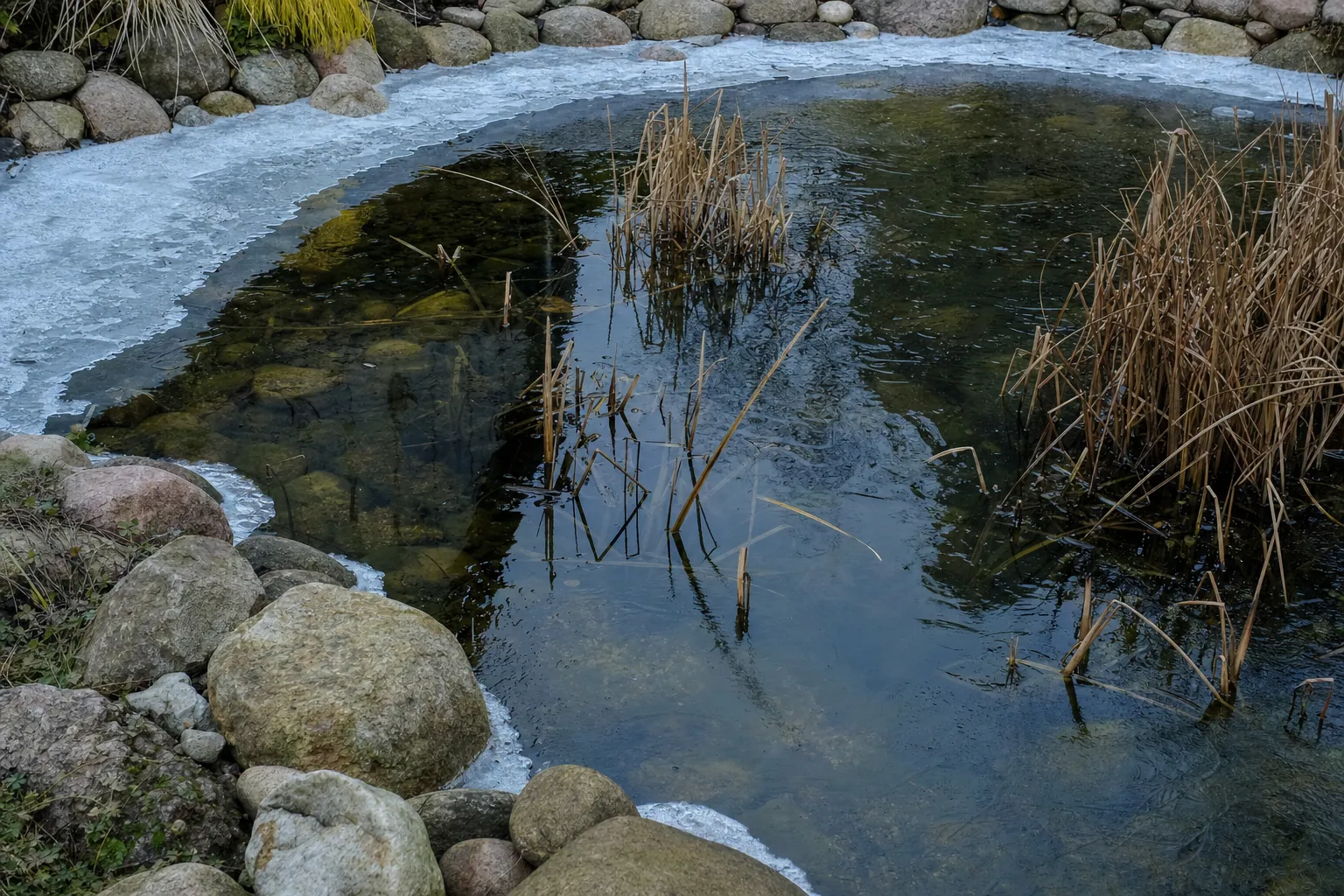 Gartenteich im Winter mit dünnem Eisrand am Steinufer und offener Wasserfläche (computergeneriertes Symbolbild)