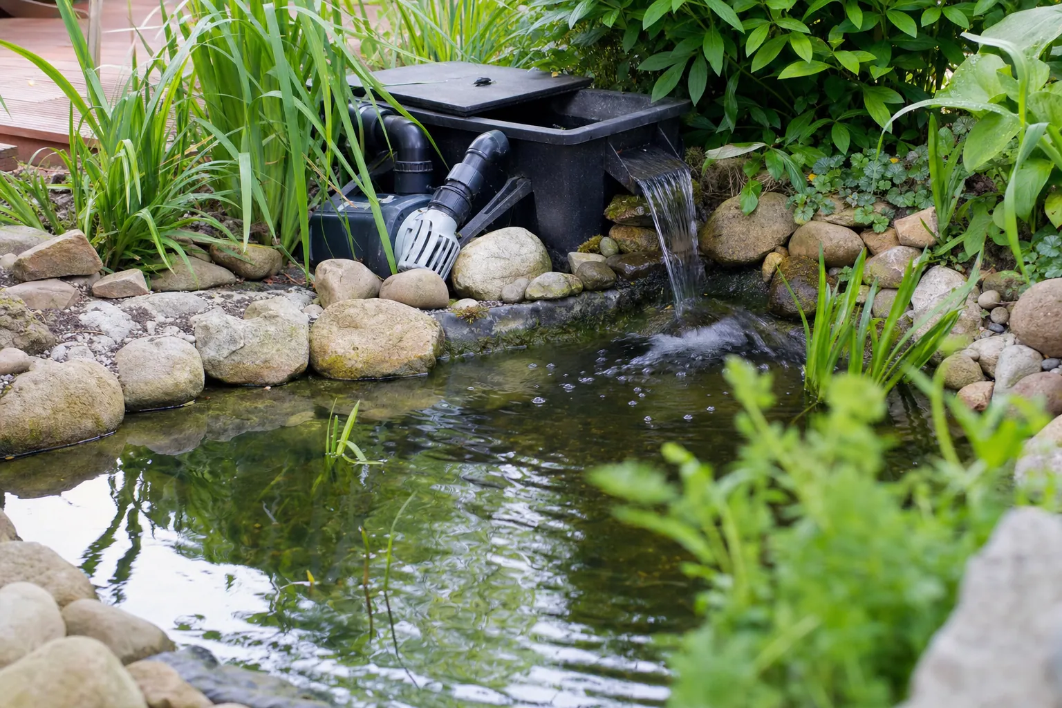 Teichfilter und Pumpe am bepflanzten Rand eines Gartenteichs mit klarem zurücklaufendem Wasser (computergeneriertes Symbolbild)